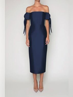 Alexia Maria Isabella Off-Shoulder Navy Midi Dress with Bow Sleeve Detail